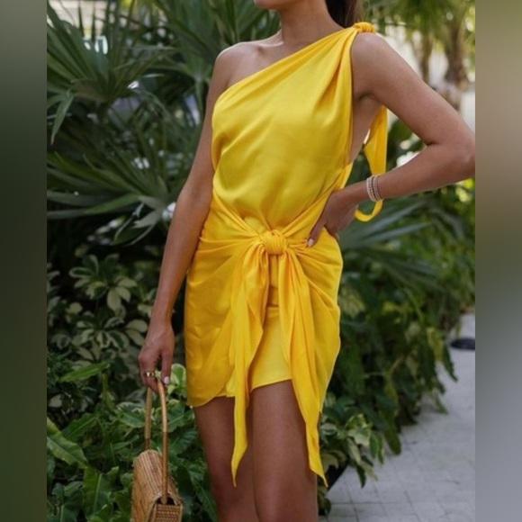 NWT Baobab Marea Luz Yellow One-Shoulder Side-Tie Mini Dress - Sz. L - Picture 1 of 12